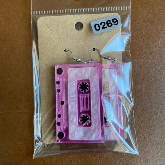 Jewelry - 90s Hipster Retro Americana Cassette Music Tape J Hook Dangle Earrings Pink
